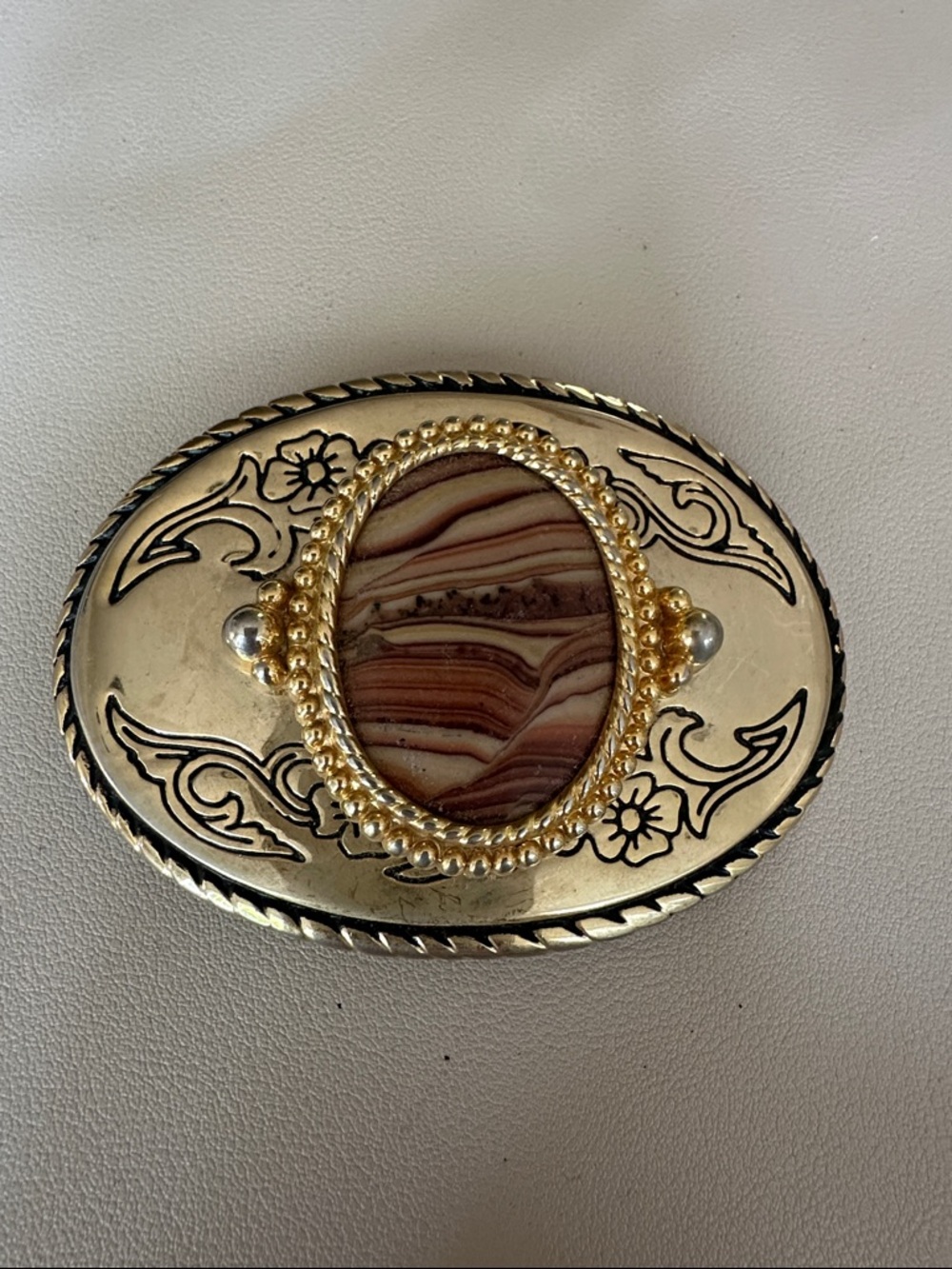 Gold-Tone Oval Stone Accent Belt Buckle - Brown Striped Stone Center